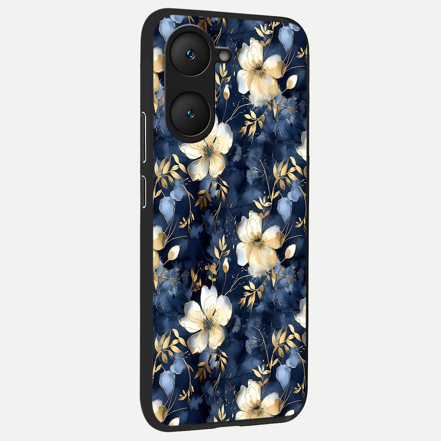 Golden Midnight Bloom back cover for iQOO Z9 lite slim fit glass case with vibrant aesthetic design