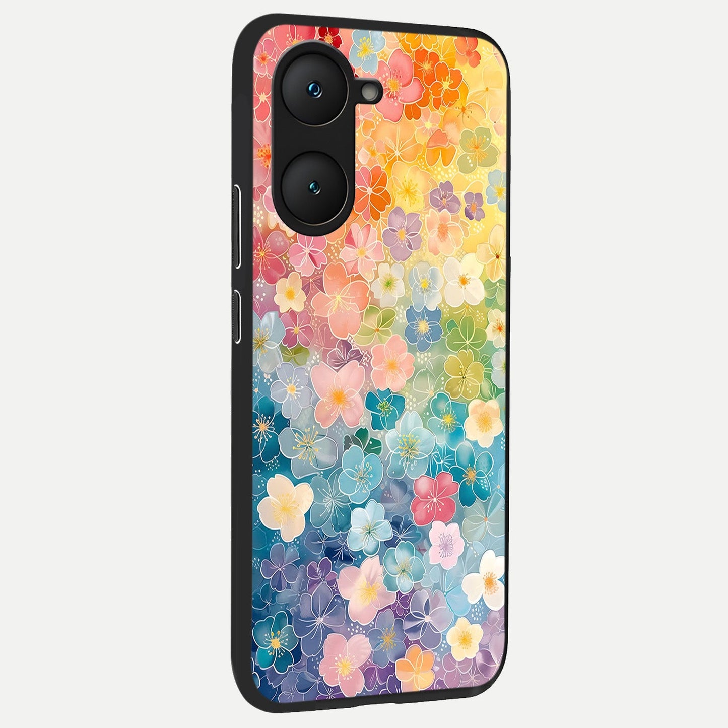Rainbow Blossom Burst back cover for iQOO Z9 lite slim fit glass case with vibrant aesthetic design