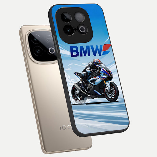 BMW Power Drift phone case for iQOO Neo 10 showing premium glass back cover with detailed artwork