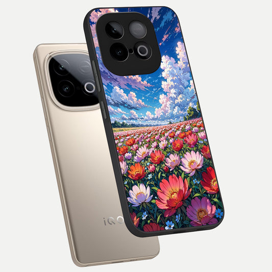 Blossom Sky Field phone case for iQOO Neo 10 showing premium glass back cover with detailed artwork