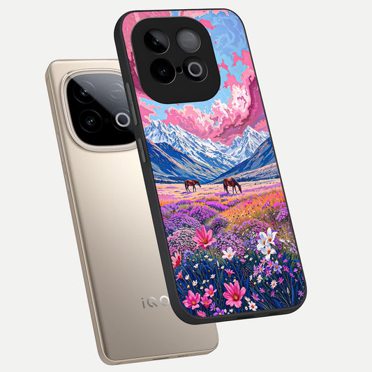 Blossom Valley Dream phone case for iQOO Neo 10 showing premium glass back cover with detailed artwork