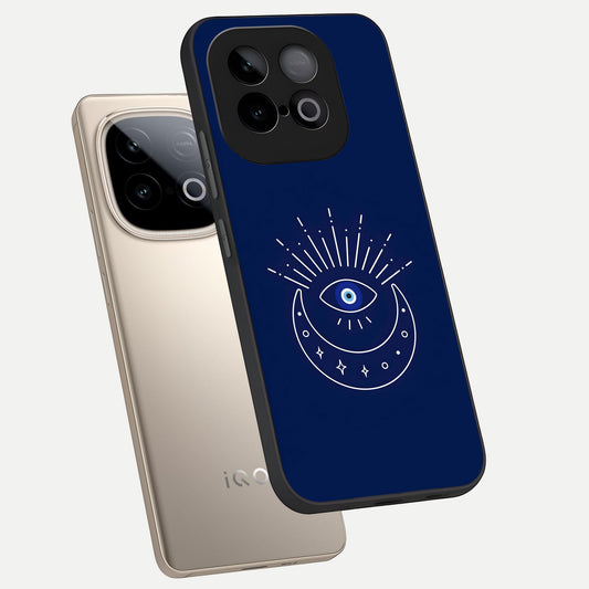 Blue Evil Eye phone case for iQOO Neo 10 showing premium glass back cover with detailed artwork