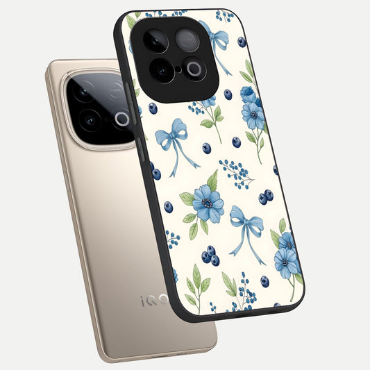 Blue Flower And Bow phone case for iQOO Neo 10 showing premium glass back cover with detailed artwork