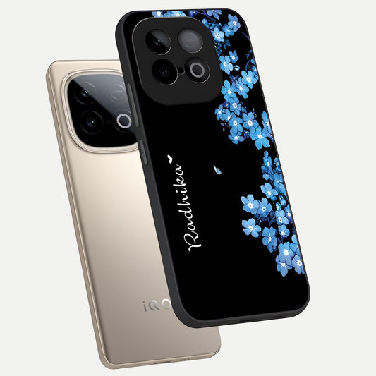 Blue Petal Dream Custom Name phone case for iQOO Neo 10 showing premium glass back cover with detailed artwork