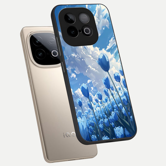 Blue Tulip Clouds phone case for iQOO Neo 10 showing premium glass back cover with detailed artwork