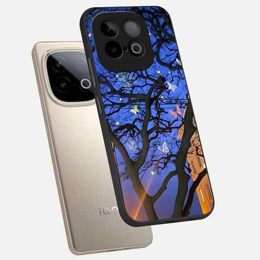 Butterfly Night Magic phone case for iQOO Neo 10 showing premium glass back cover with detailed artwork