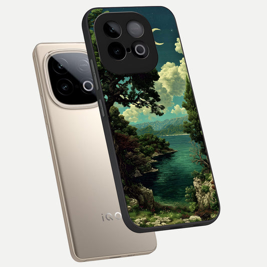 Celestial Lake Peace phone case for iQOO Neo 10 showing premium glass back cover with detailed artwork