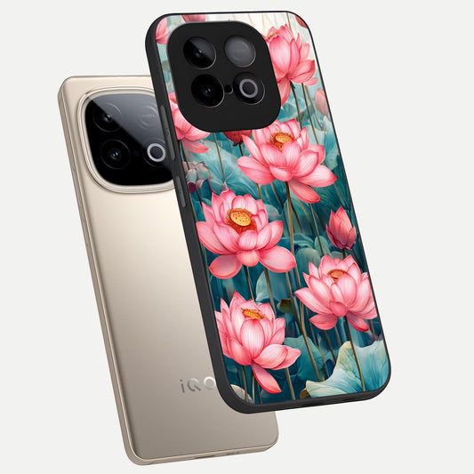 Celestial Pink Lotus phone case for iQOO Neo 10 showing premium glass back cover with detailed artwork