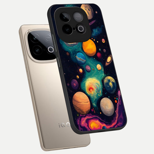 Cosmic Planet Journey phone case for iQOO Neo 10 showing premium glass back cover with detailed artwork