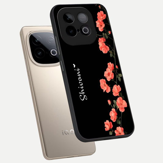 Crimson Bloom Grace Custom Name phone case for iQOO Neo 10 showing premium glass back cover with detailed artwork