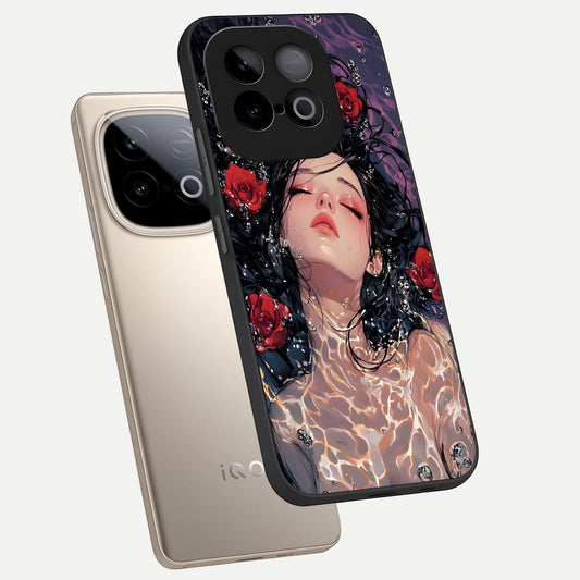 Crimson Rose Serenity phone case for iQOO Neo 10 showing premium glass back cover with detailed artwork