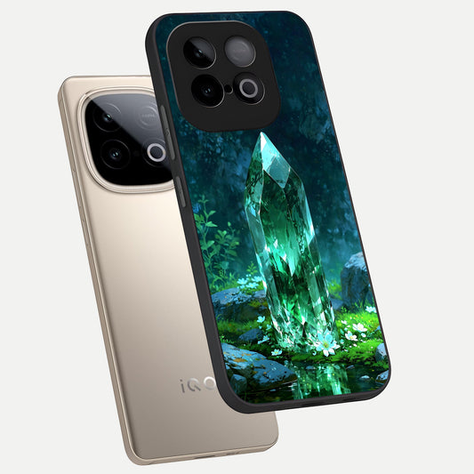 Emerald Light Crystal phone case for iQOO Neo 10 showing premium glass back cover with detailed artwork