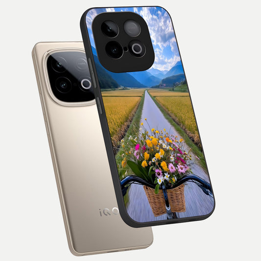 Golden Field Journey phone case for iQOO Neo 10 showing premium glass back cover with detailed artwork