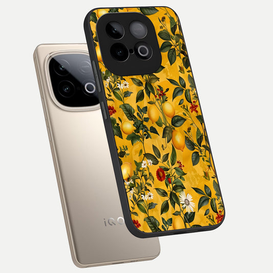 Golden Lemon Field phone case for iQOO Neo 10 showing premium glass back cover with detailed artwork