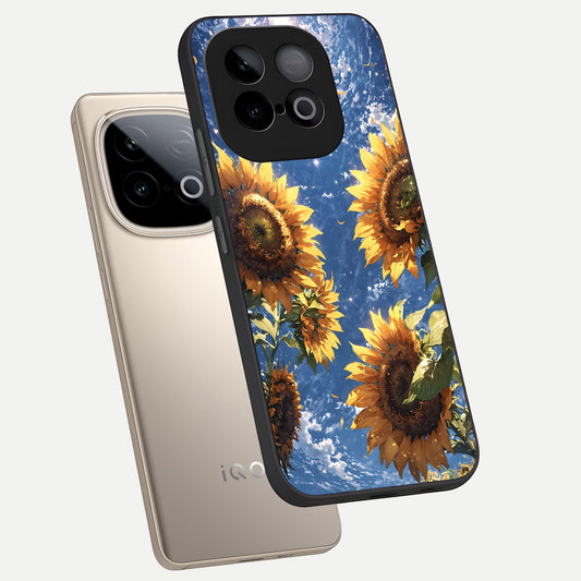 Heavenly Sunflower Rise phone case for iQOO Neo 10 showing premium glass back cover with detailed artwork