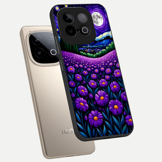Lavender Moon Field phone case for iQOO Neo 10 showing premium glass back cover with detailed artwork