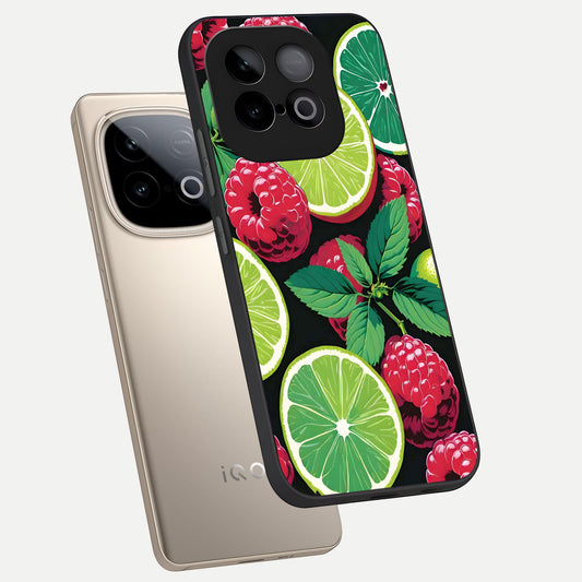 Lime and Raspberry Pattern phone case for iQOO Neo 10 showing premium glass back cover with detailed artwork