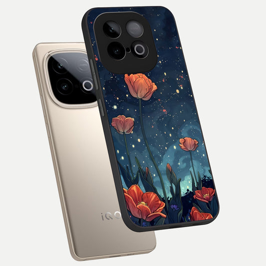 Midnight Tulip Glow phone case for iQOO Neo 10 showing premium glass back cover with detailed artwork