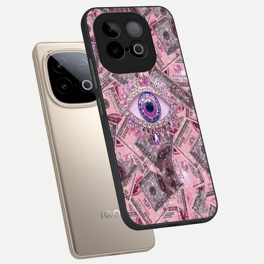 Money Eye Luxe phone case for iQOO Neo 10 showing premium glass back cover with detailed artwork