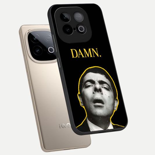 Mr Bean Damn phone case for iQOO Neo 10 showing premium glass back cover with detailed artwork