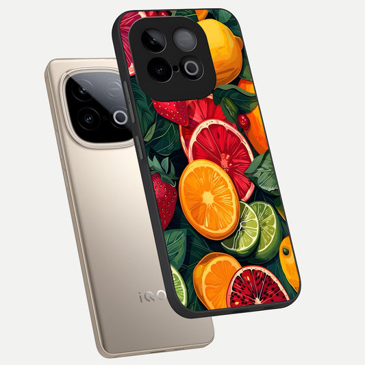 Multiple Fruits phone case for iQOO Neo 10 showing premium glass back cover with detailed artwork