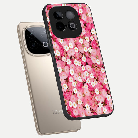 Pink Daisy Bliss phone case for iQOO Neo 10 showing premium glass back cover with detailed artwork