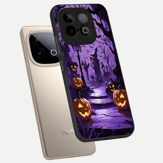 Pumpkin Patch Halloween phone case for iQOO Neo 10 showing premium glass back cover with detailed artwork