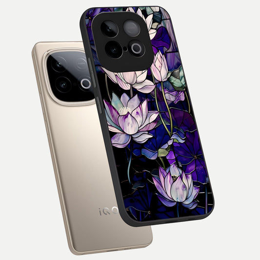 Purple Lotus Pattern phone case for iQOO Neo 10 showing premium glass back cover with detailed artwork