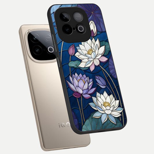 Purple Lotus Stained phone case for iQOO Neo 10 showing premium glass back cover with detailed artwork