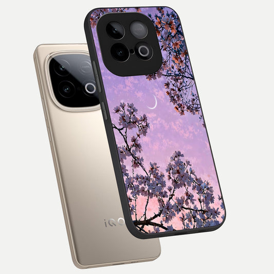 Purple Serenity Moon phone case for iQOO Neo 10 showing premium glass back cover with detailed artwork