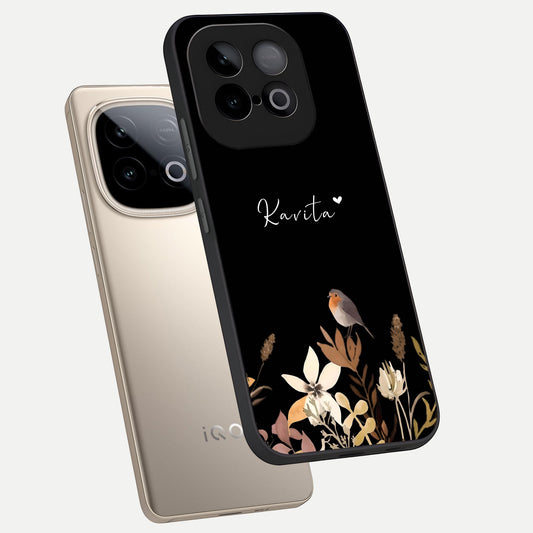 Quiet Garden Tune Custom Name phone case for iQOO Neo 10 showing premium glass back cover with detailed artwork