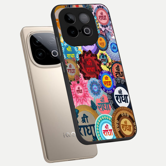 Radha Divine Bloom phone case for iQOO Neo 10 showing premium glass back cover with detailed artwork