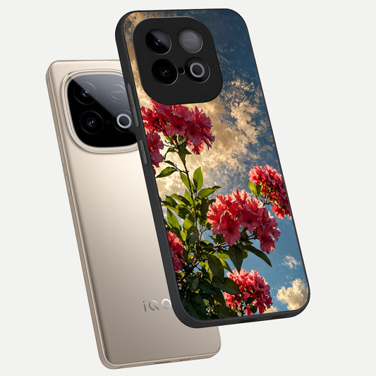 Red Bloom Skies phone case for iQOO Neo 10 showing premium glass back cover with detailed artwork