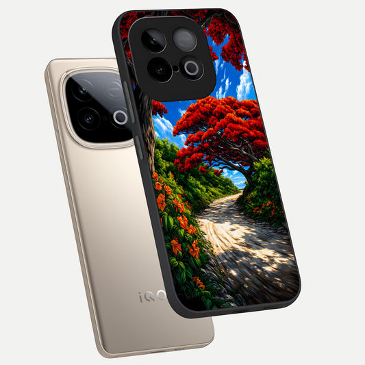Red Trees Pathway phone case for iQOO Neo 10 showing premium glass back cover with detailed artwork