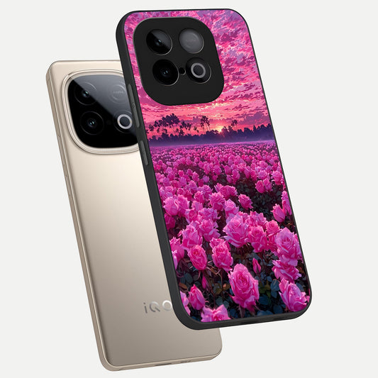 Rose Sunset Valley phone case for iQOO Neo 10 showing premium glass back cover with detailed artwork