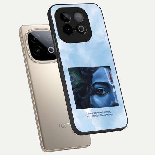 Spiritual Krishna phone case for iQOO Neo 10 showing premium glass back cover with detailed artwork