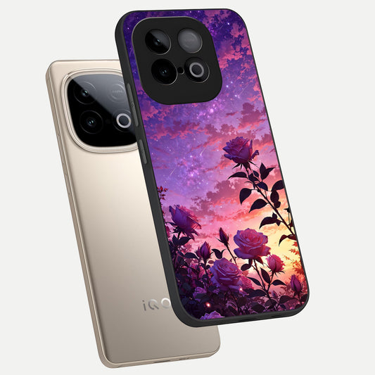 Starlit Rose Twilight phone case for iQOO Neo 10 showing premium glass back cover with detailed artwork