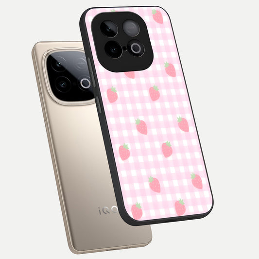 Strawberry Picnic Love phone case for iQOO Neo 10 showing premium glass back cover with detailed artwork