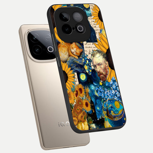 Sunflower Chic Mood Custom Name phone case for iQOO Neo 10 showing premium glass back cover with detailed artwork