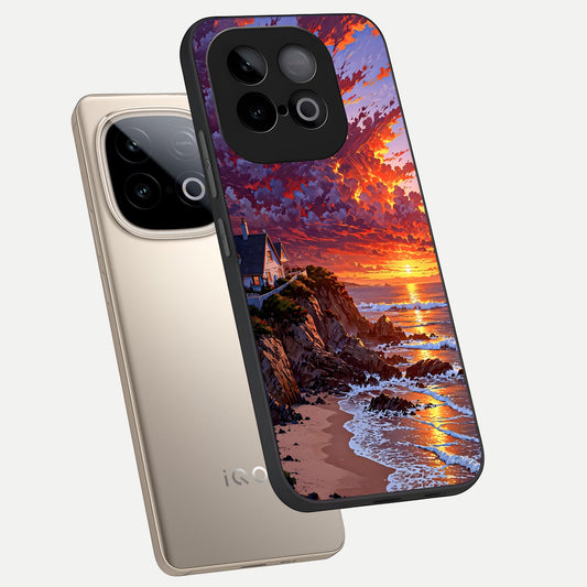 Sunset House By Sea phone case for iQOO Neo 10 showing premium glass back cover with detailed artwork