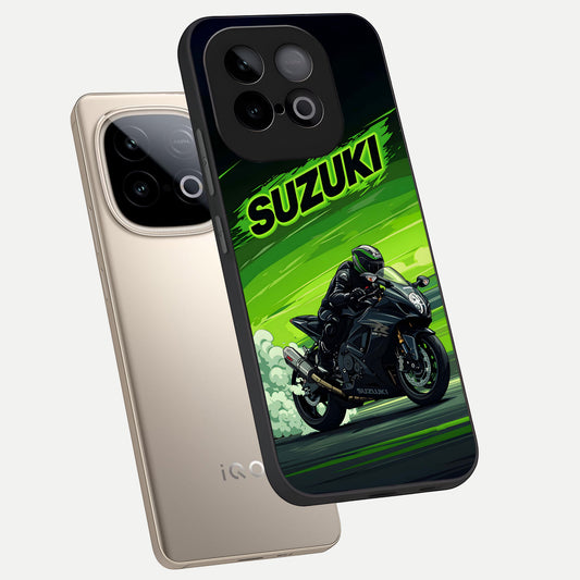 Suzuki Speed Beast phone case for iQOO Neo 10 showing premium glass back cover with detailed artwork