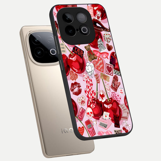 Sweet Cherry Chaos phone case for iQOO Neo 10 showing premium glass back cover with detailed artwork