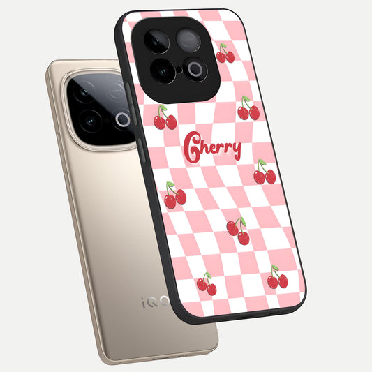 Sweet Cherry Vibes phone case for iQOO Neo 10 showing premium glass back cover with detailed artwork