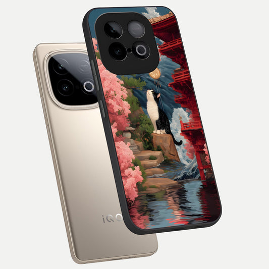 Temple Cat Scenery phone case for iQOO Neo 10 showing premium glass back cover with detailed artwork