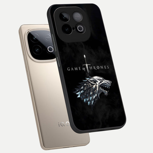 Throne Wolf Legacy phone case for iQOO Neo 10 showing premium glass back cover with detailed artwork