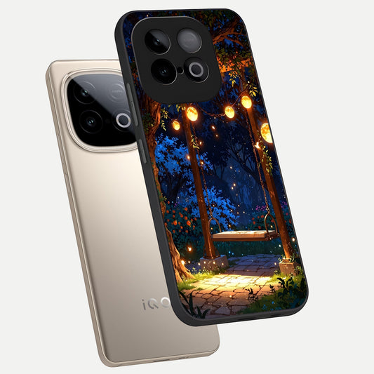 Twilight Garden Swing phone case for iQOO Neo 10 showing premium glass back cover with detailed artwork