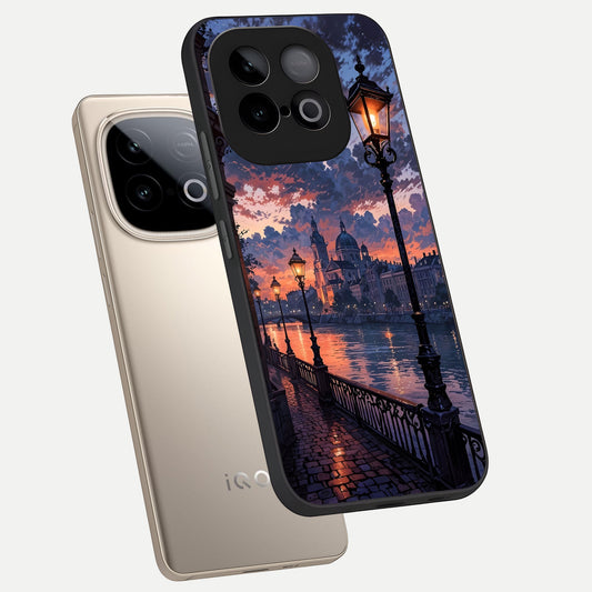 Twilight River Lights phone case for iQOO Neo 10 showing premium glass back cover with detailed artwork