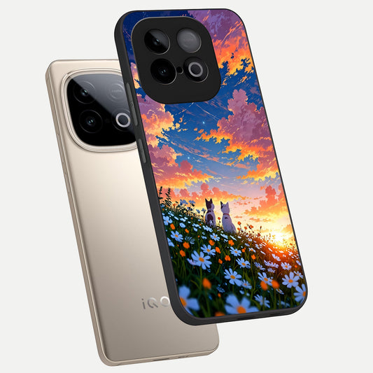 Two Cats Friends phone case for iQOO Neo 10 showing premium glass back cover with detailed artwork