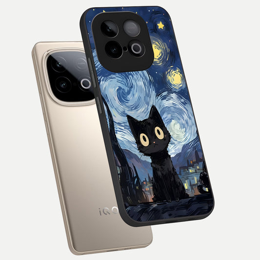 Van Gogh Cat phone case for iQOO Neo 10 showing premium glass back cover with detailed artwork