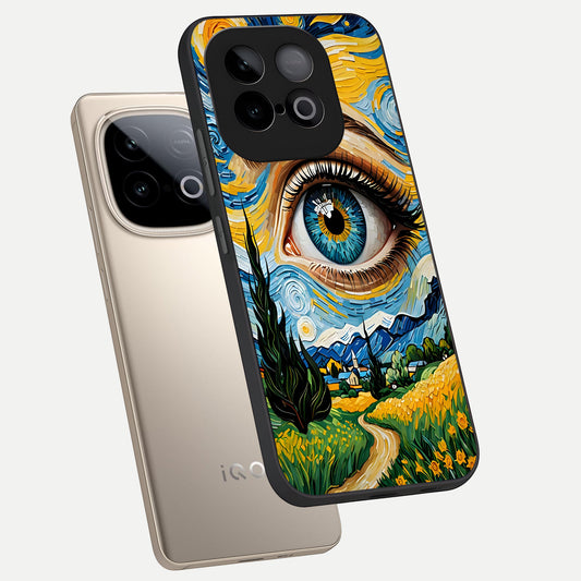 Van Gogh Eye phone case for iQOO Neo 10 showing premium glass back cover with detailed artwork